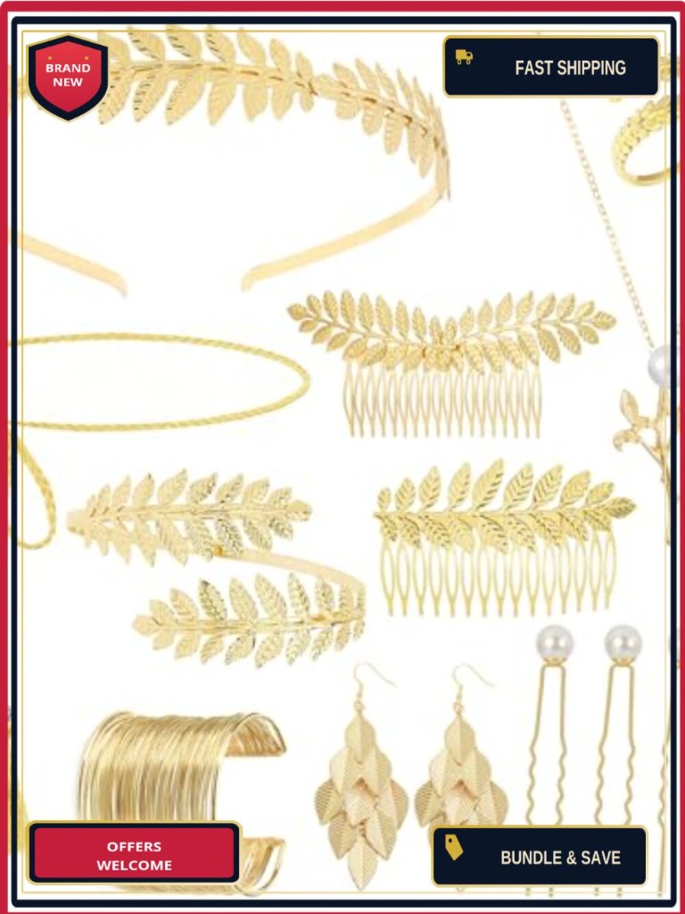 Greek Goddess Costume Accessory Set Gold Plated Laurel Leaf Crown Armband Belt